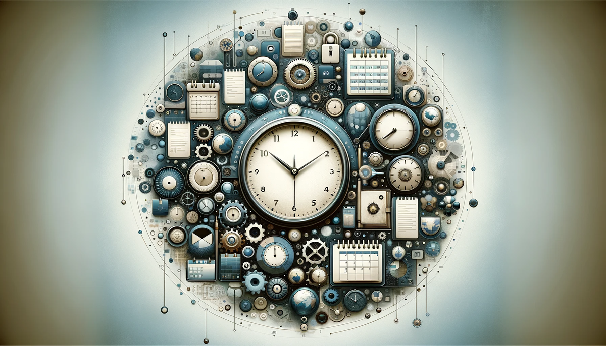Abstract image with a clock, gears, and hourglasses symbolizing strategic time management.