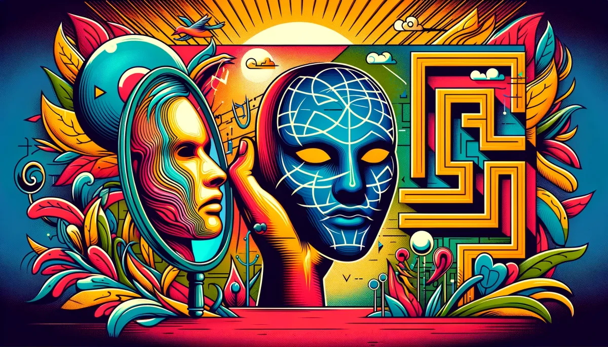 Vibrant cover showing a mirror, mask, and maze, symbolizing self-discovery beyond ego.