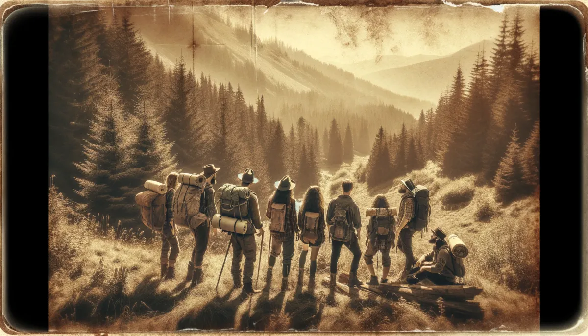 Vintage-style photo of friends on an adventure, capturing their camaraderie in sepia tones.