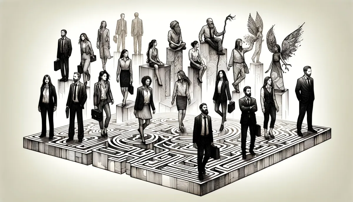 Ink drawing of professionals on a maze, symbolizing emotional management at work.