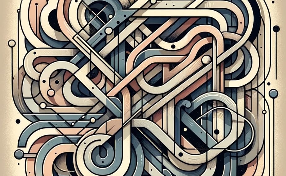 Abstract digital artwork depicting a complex maze of colorful lines and shapes.