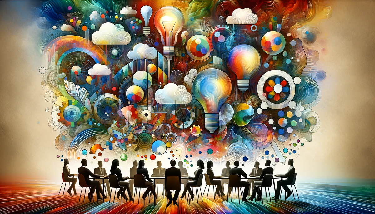 Abstract image of vibrant figures and thought bubbles, symbolizing creativity and teamwork in a corporate setting.