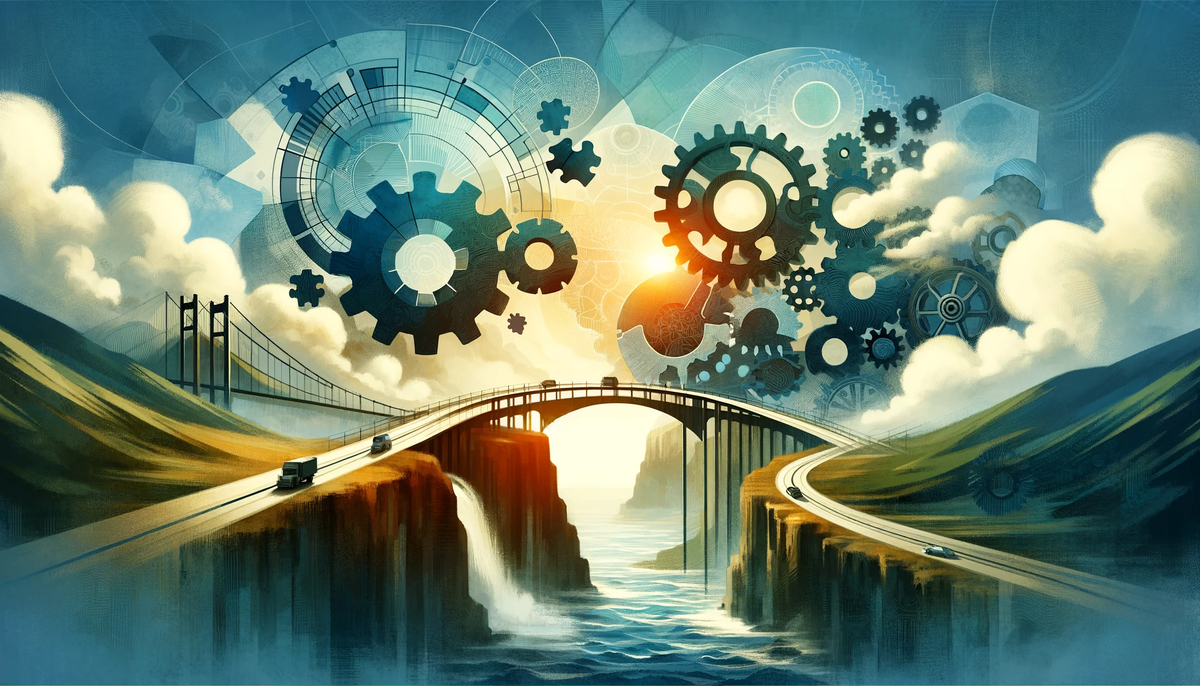 Abstract image with puzzle pieces, bridge, and gears in blues and greens, symbolizing contractor-business collaboration.