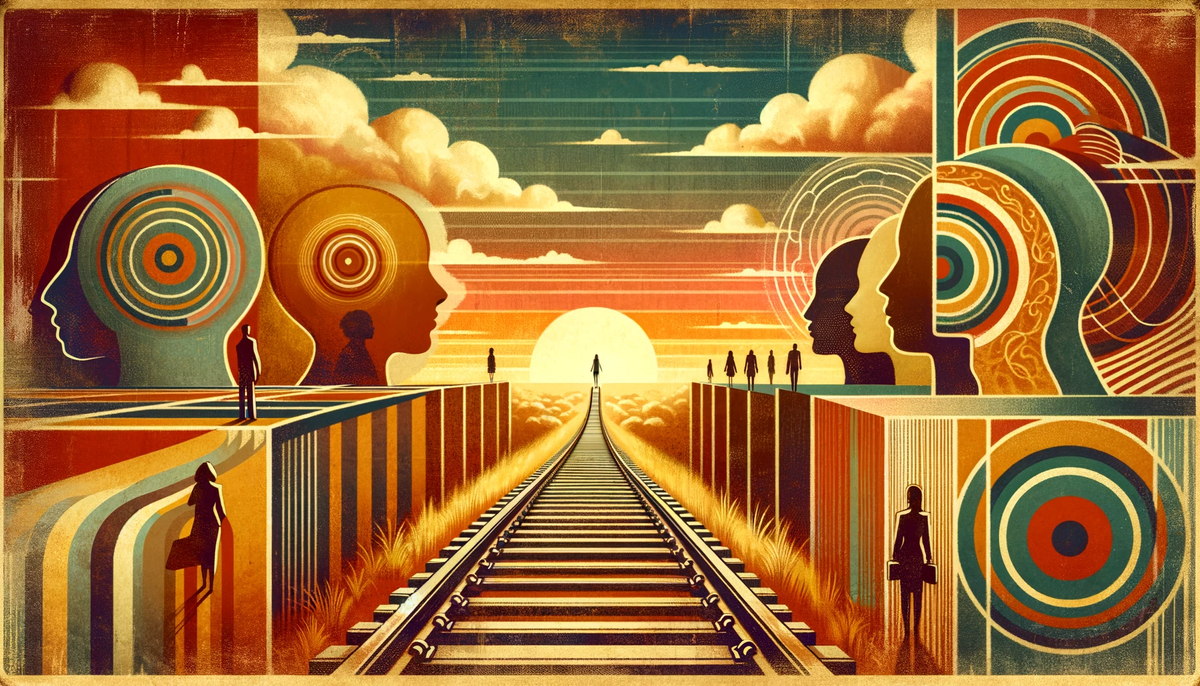 Abstract vintage postcard-style image of diverse figures on a metaphorical leadership railway.