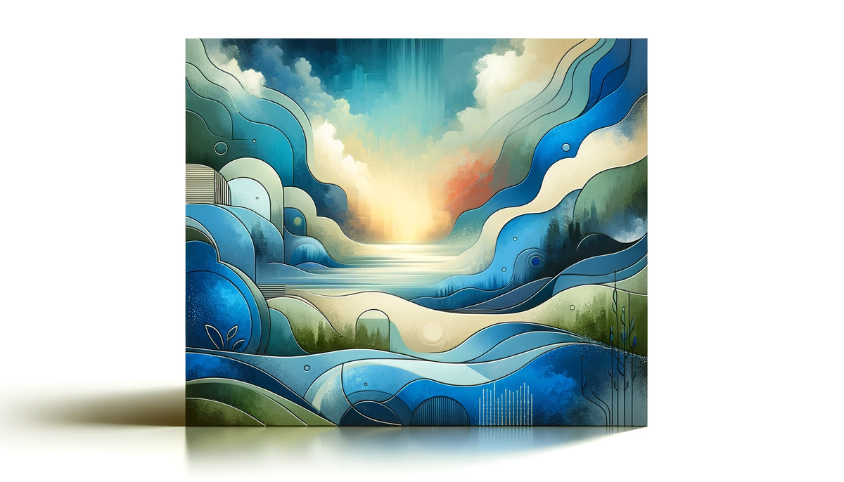 Abstract landscape with serene blues and greens, symbolizing calmness and mindfulness in managing anxiety