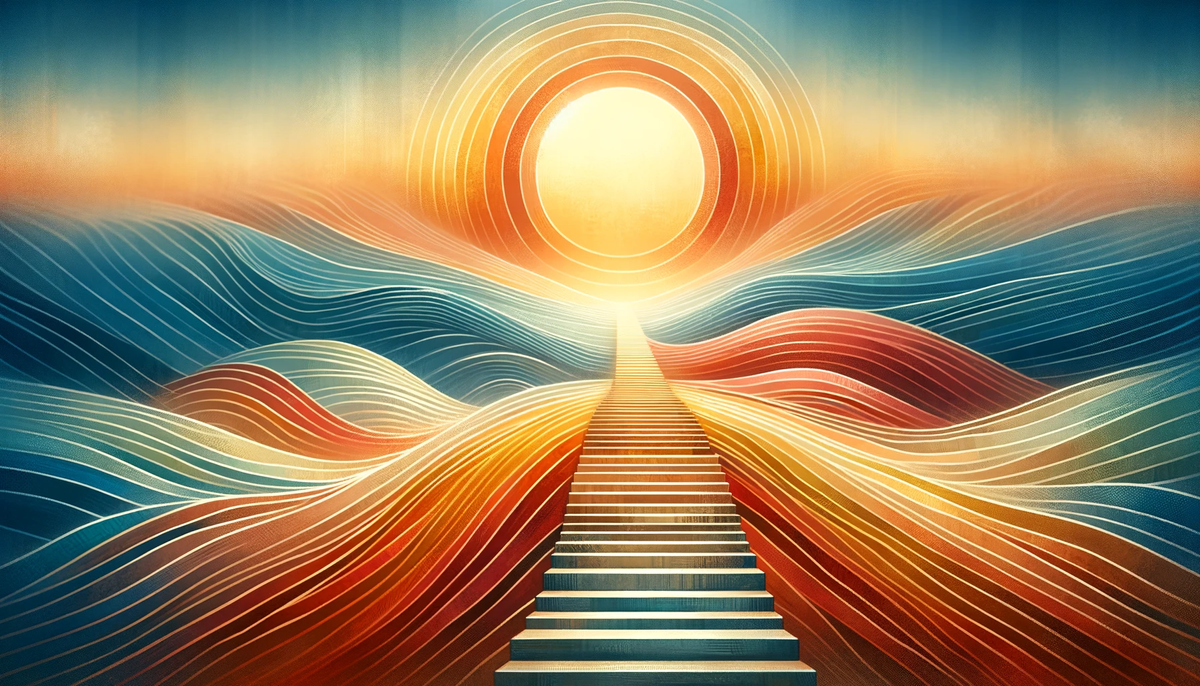 Abstract image with ascending steps, rising sun, in warm orange, gold, and light blue hues symbolizing growth and hope.