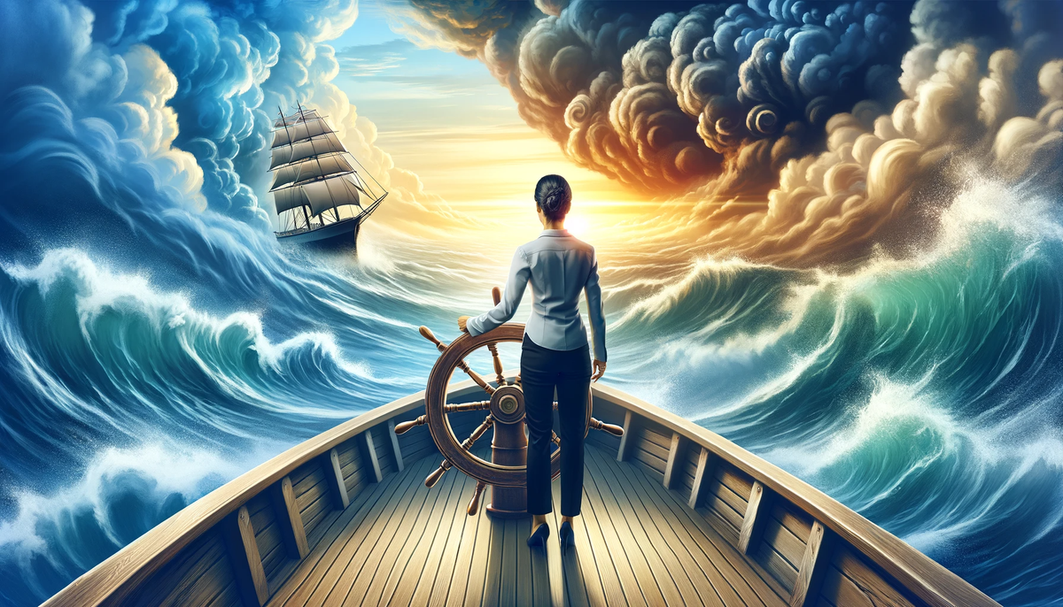 A determined woman leads a ship through metaphorical waves, symbolizing leadership and change.
