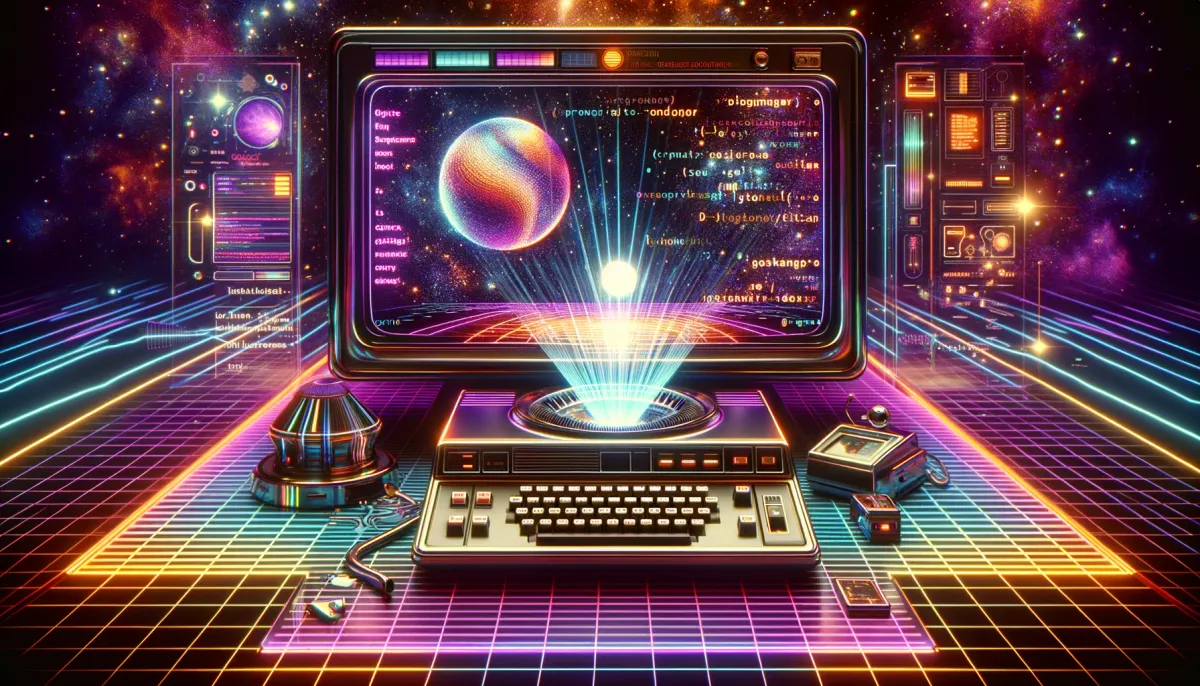 Retro-futuristic AI writing setup with neon holograms and a starry space backdrop, embodying 70s sci-fi.